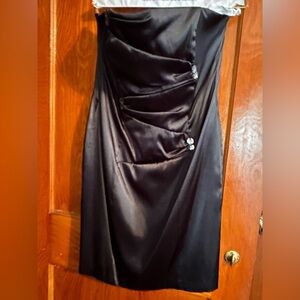 Jessica McClintock Black Strapless Satin Cocktail Dress with Crystal Buttons